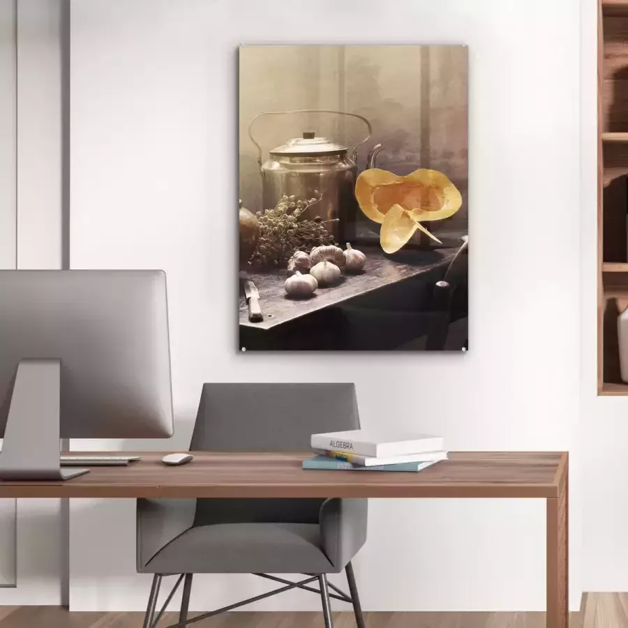 MuchoWow Glasschilderij 60x80 cm Schilderij acrylglas Stilleven Pompoen Knoflook Pan Tafel Foto op glas Muurdecoratie woonkamer Wanddecoratie slaapkamer Schilderijen - Foto 4