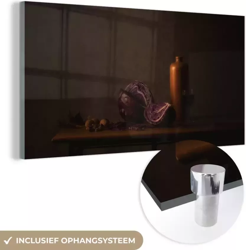 MuchoWow Glasschilderij 160x80 cm Schilderij glas Stilleven Rode Kool Tafel Schilderij Vaas Donker Kunst Foto op acrylglas Schilderijen - Foto 2