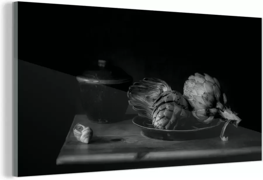 MuchoWow Glasschilderij Stilleven van een tafel met artisjok zwart wit 120x60 cm Acrylglas Schilderijen Foto op Glas