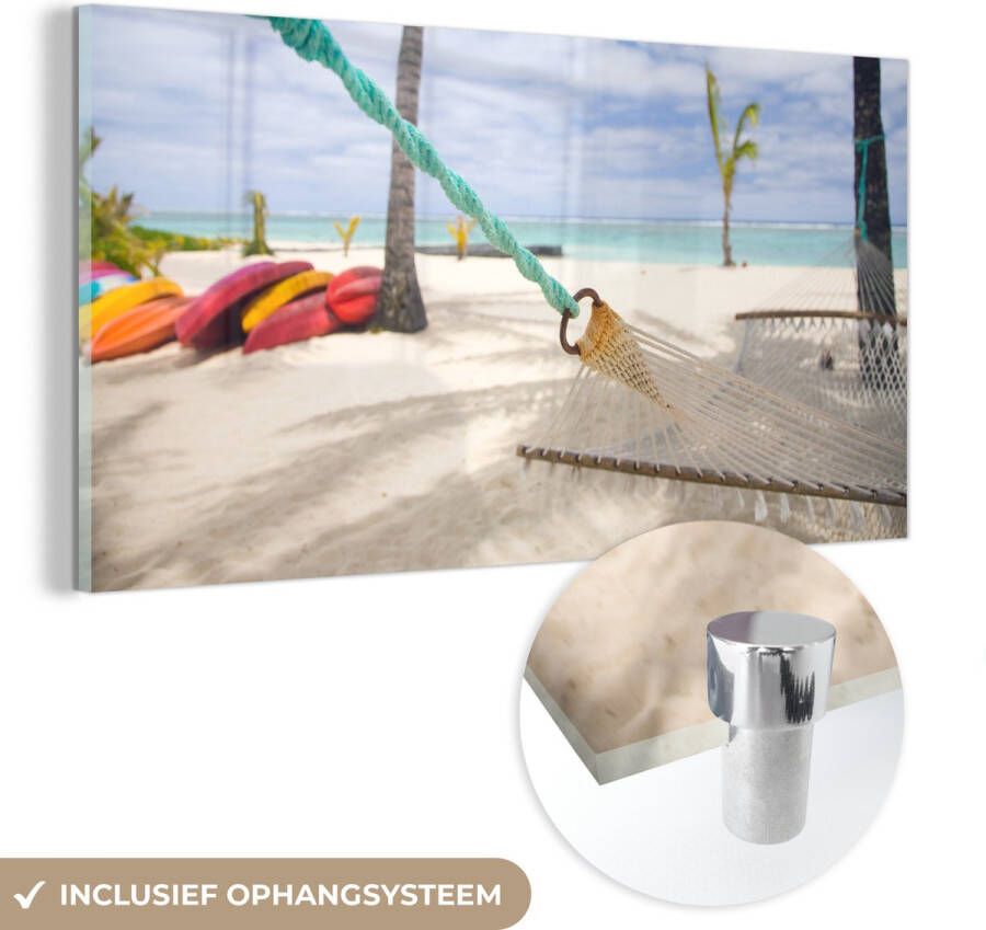 MuchoWow Glasschilderij 40x20 cm Schilderij acrylglas Strand Boot Hangmat Foto op glas Schilderijen