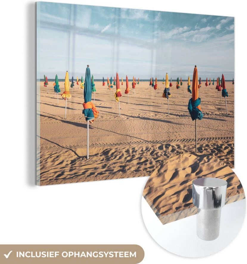 MuchoWow Glasschilderij 180x120 cm Schilderij acrylglas Strand Frans Parasol Foto op glas Schilderijen