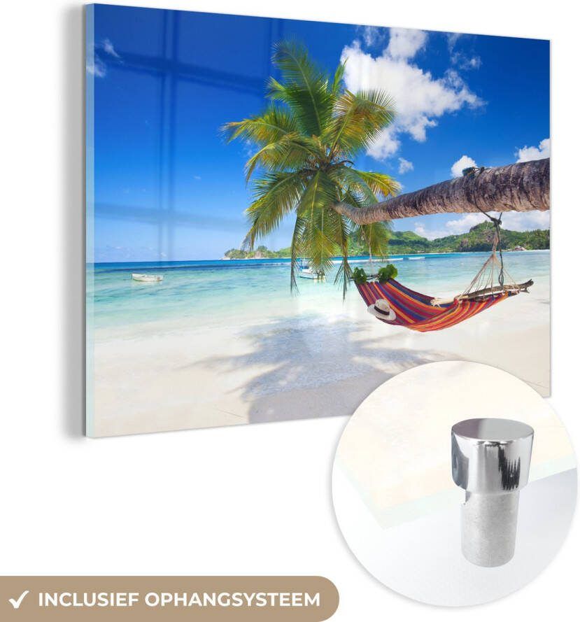 MuchoWow Glasschilderij 90x60 cm Schilderij acrylglas Strand Hangmat Zee Palmboom Foto op glas Muurdecoratie woonkamer Wanddecoratie slaapkamer Schilderijen