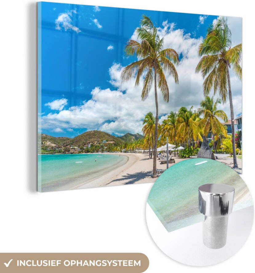 MuchoWow Glasschilderij 120x80 cm Schilderij acrylglas Strand Ligbed Palmbomen Foto op glas Muurdecoratie woonkamer Wanddecoratie slaapkamer Schilderijen - Foto 2