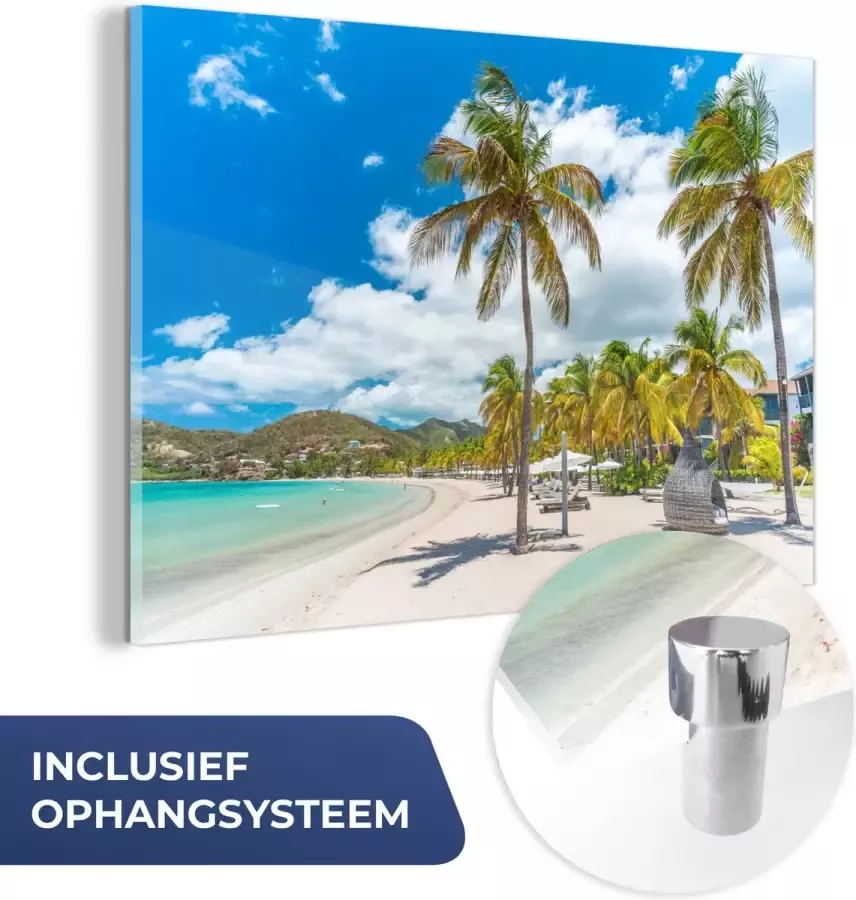 MuchoWow Glasschilderij 120x80 cm Schilderij acrylglas Strand Ligbed Palmbomen Foto op glas Muurdecoratie woonkamer Wanddecoratie slaapkamer Schilderijen - Foto 3