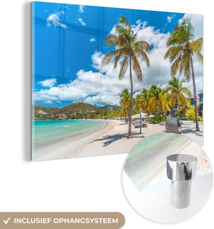 MuchoWow Glasschilderij 150x100 cm Schilderij acrylglas Strand Ligbed Palmbomen Foto op glas Muurdecoratie woonkamer Wanddecoratie slaapkamer Schilderijen