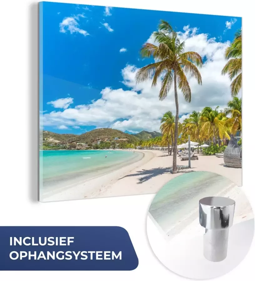 MuchoWow Glasschilderij 160x120 cm Schilderij acrylglas Strand Ligbed Palmbomen Foto op glas Muurdecoratie woonkamer Wanddecoratie slaapkamer Schilderijen - Foto 4