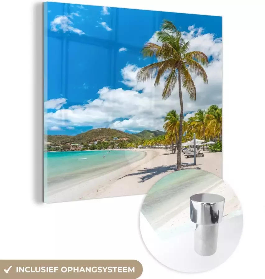 MuchoWow Glasschilderij 90x90 cm Schilderij acrylglas Strand Ligbed Palmbomen Foto op glas Muurdecoratie woonkamer Wanddecoratie slaapkamer Schilderijen