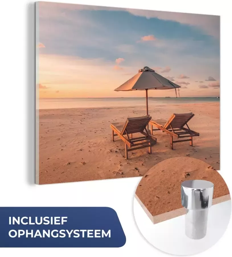 MuchoWow Glasschilderij 160x120 cm Schilderij acrylglas Strand Ligbed Parasol Foto op glas Muurdecoratie woonkamer Wanddecoratie slaapkamer Schilderijen - Foto 2