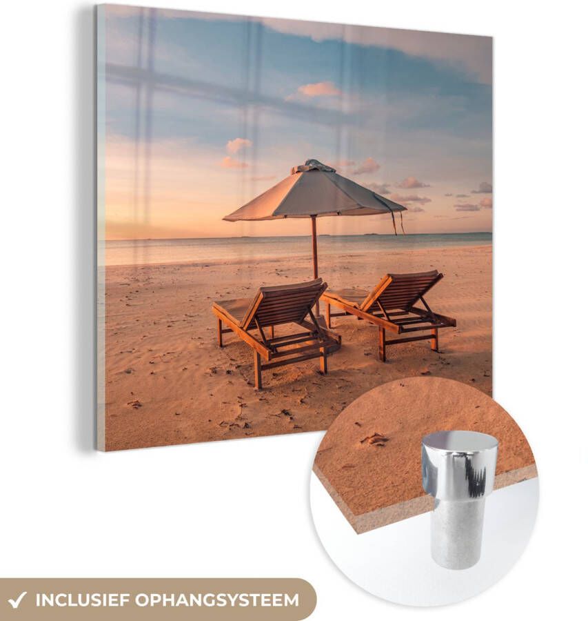 MuchoWow Glasschilderij 20x20 cm Schilderij acrylglas Strand Ligbed Parasol Foto op glas Muurdecoratie woonkamer Wanddecoratie slaapkamer Schilderijen - Foto 2