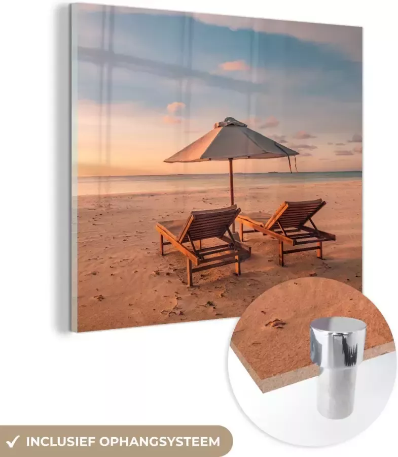 MuchoWow Glasschilderij Strand Ligbed Parasol 20x20 cm Acrylglas Schilderijen Foto op Glas