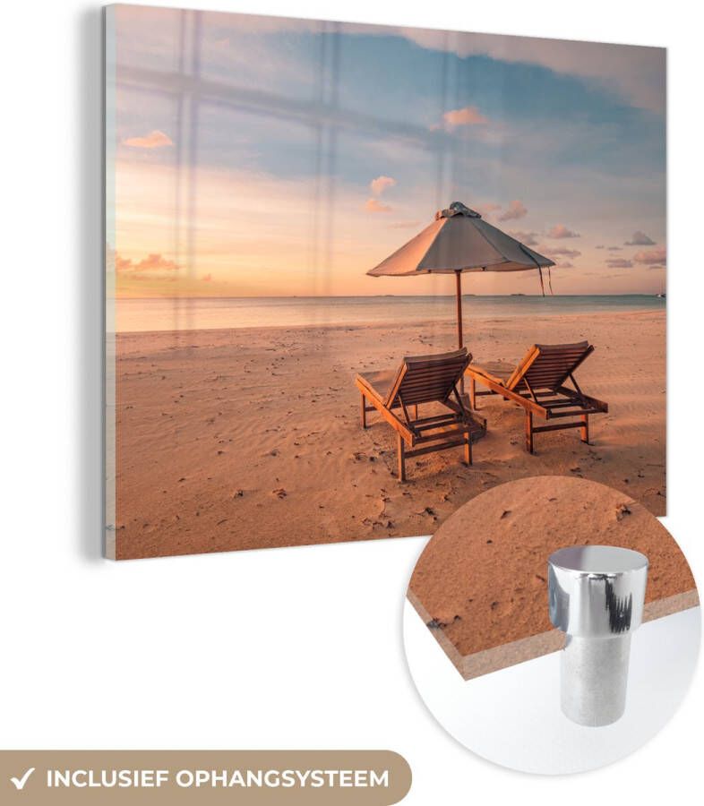 MuchoWow Glasschilderij 40x30 cm Schilderij acrylglas Strand Ligbed Parasol Foto op glas Schilderijen - Foto 1