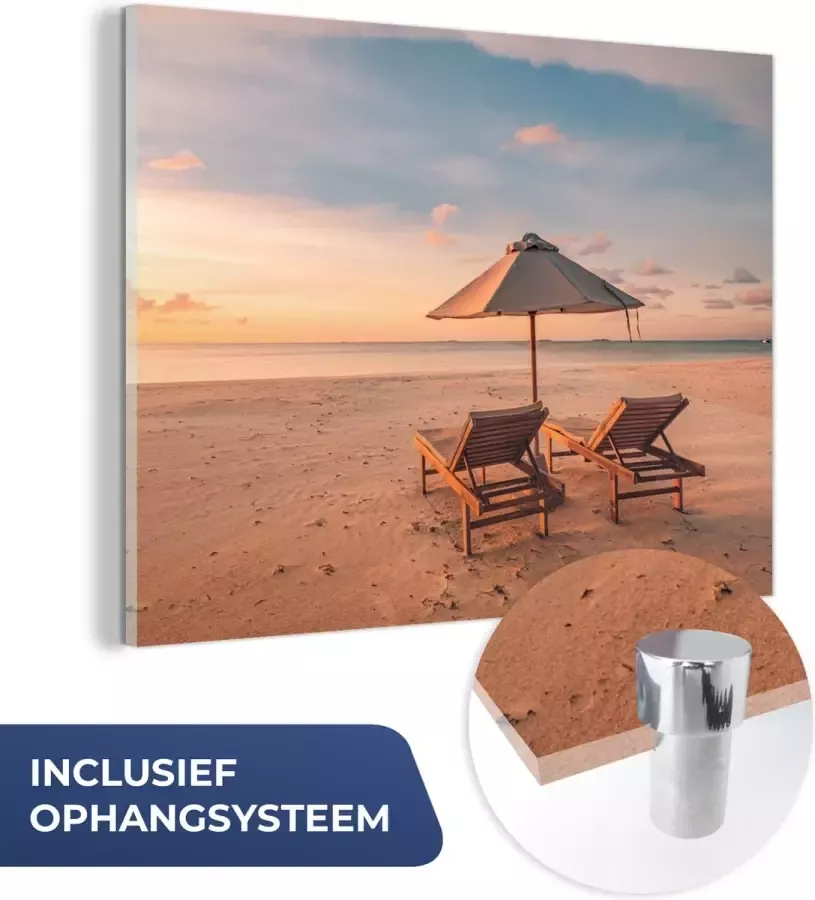 MuchoWow Glasschilderij 80x60 cm Schilderij acrylglas Strand Ligbed Parasol Foto op glas Muurdecoratie woonkamer Wanddecoratie slaapkamer Schilderijen - Foto 3