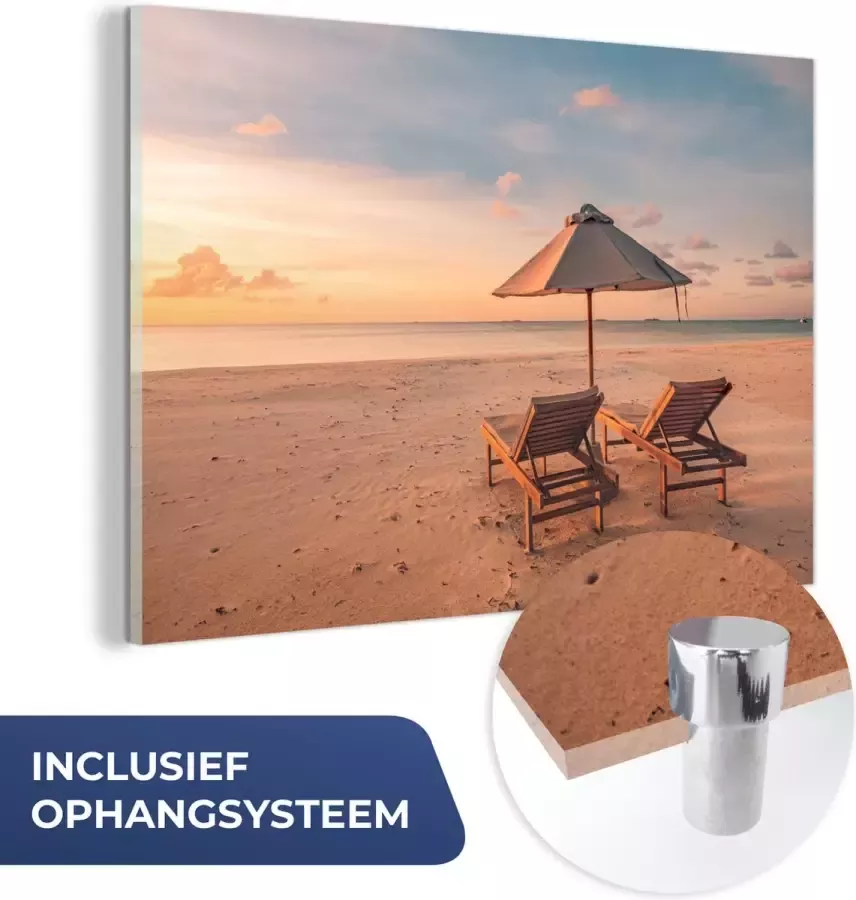 MuchoWow Glasschilderij 90x60 cm Schilderij acrylglas Strand Ligbed Parasol Foto op glas Muurdecoratie woonkamer Wanddecoratie slaapkamer Schilderijen - Foto 3