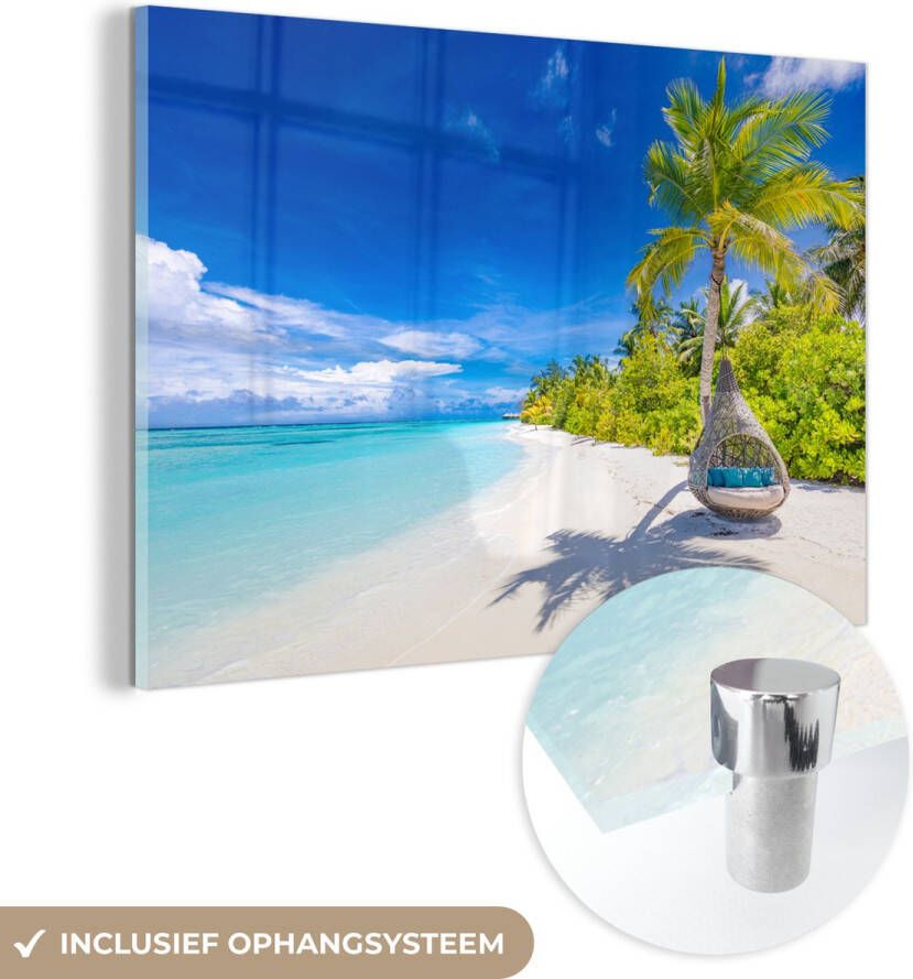 MuchoWow Glasschilderij 120x80 cm Schilderij acrylglas Strand Palm Hangstoel Foto op glas Muurdecoratie woonkamer Wanddecoratie slaapkamer Schilderijen - Foto 2