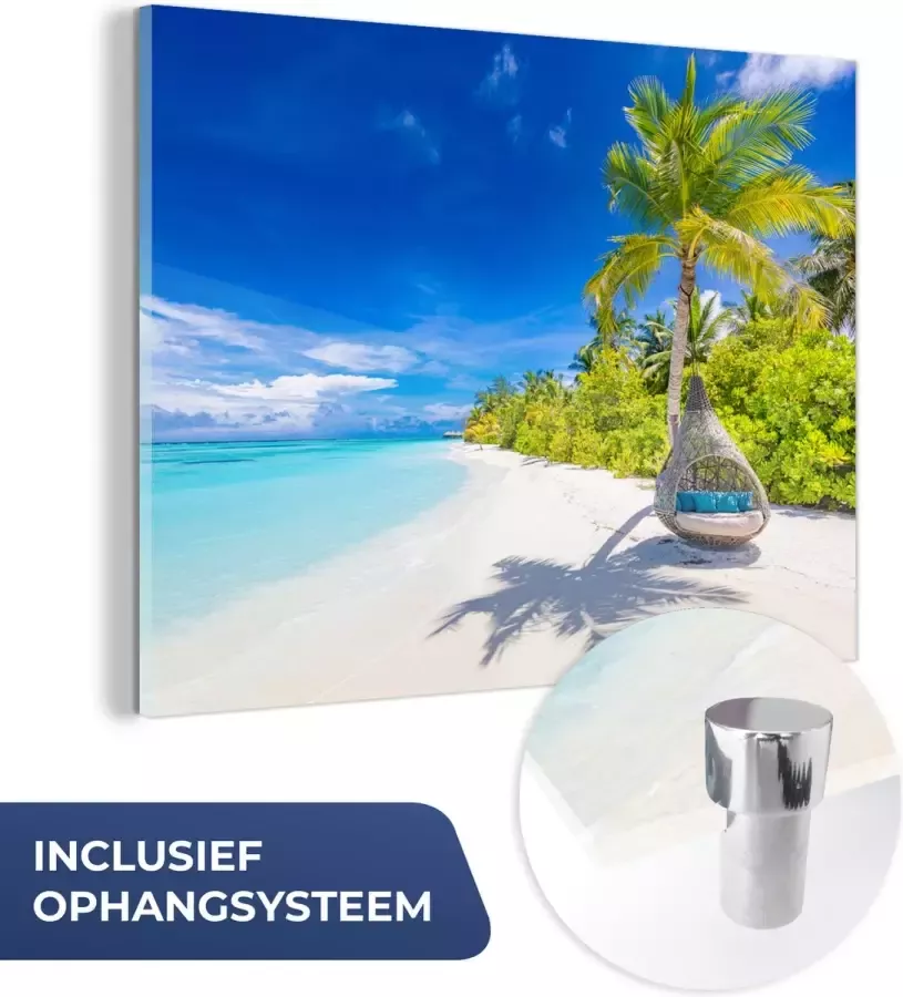 MuchoWow Glasschilderij 160x120 cm Schilderij acrylglas Strand Palm Hangstoel Foto op glas Muurdecoratie woonkamer Wanddecoratie slaapkamer Schilderijen - Foto 3