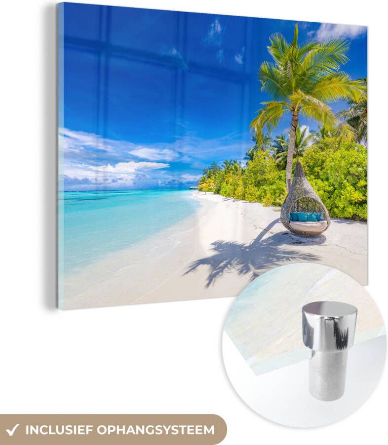 MuchoWow Glasschilderij 80x60 cm Schilderij acrylglas Strand Palm Hangstoel Foto op glas Muurdecoratie woonkamer Wanddecoratie slaapkamer Schilderijen - Foto 2