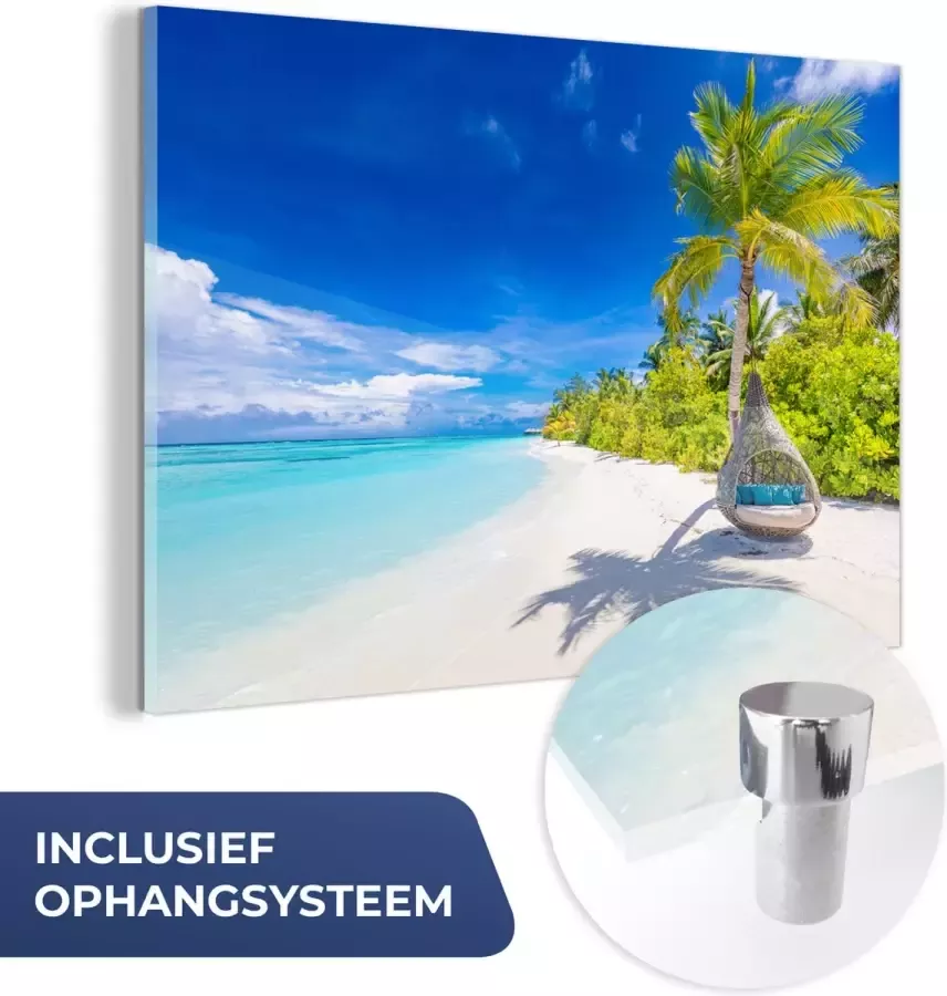 MuchoWow Glasschilderij 90x60 cm Schilderij acrylglas Strand Palm Hangstoel Foto op glas Muurdecoratie woonkamer Wanddecoratie slaapkamer Schilderijen - Foto 3