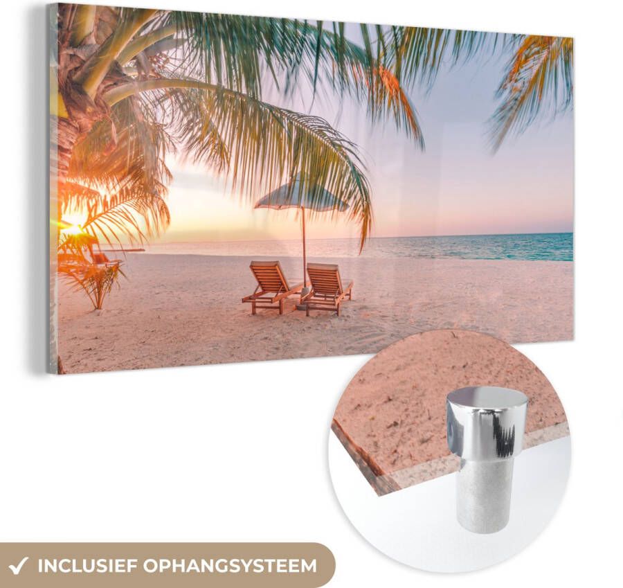 MuchoWow Glasschilderij 120x60 cm Schilderij acrylglas Strand Palmbomen Parasol Foto op glas Muurdecoratie woonkamer Wanddecoratie slaapkamer Schilderijen