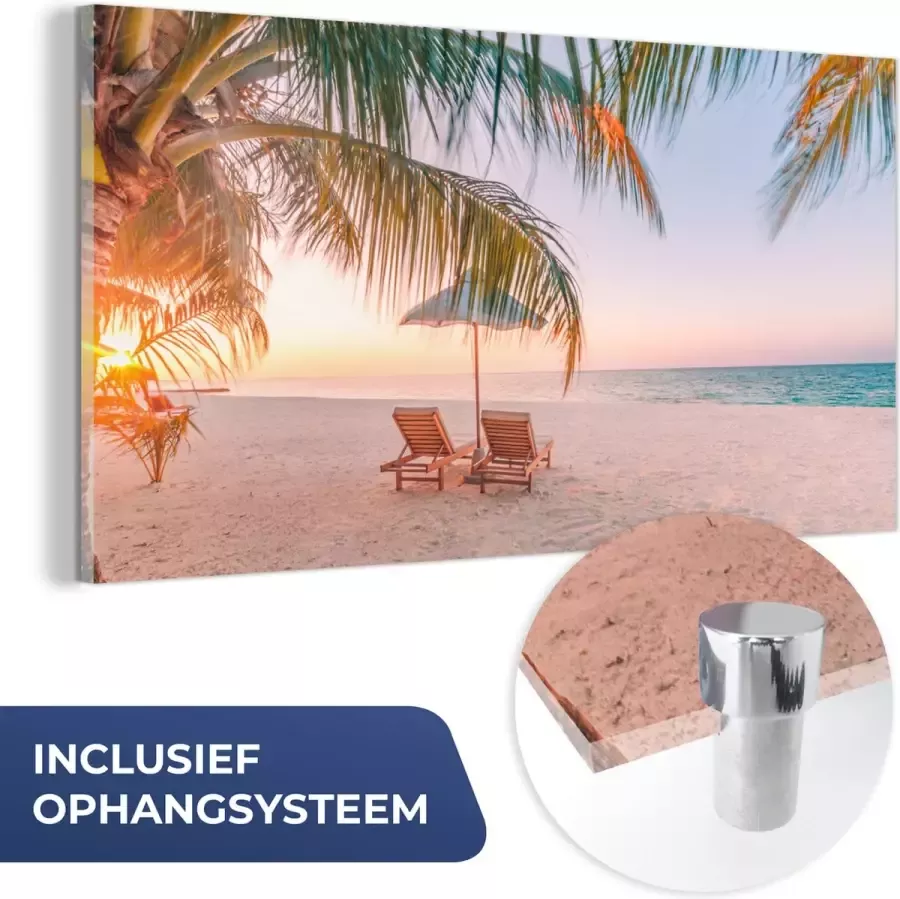 MuchoWow Glasschilderij 120x60 cm Schilderij acrylglas Strand Palmbomen Parasol Foto op glas Muurdecoratie woonkamer Wanddecoratie slaapkamer Schilderijen - Foto 4