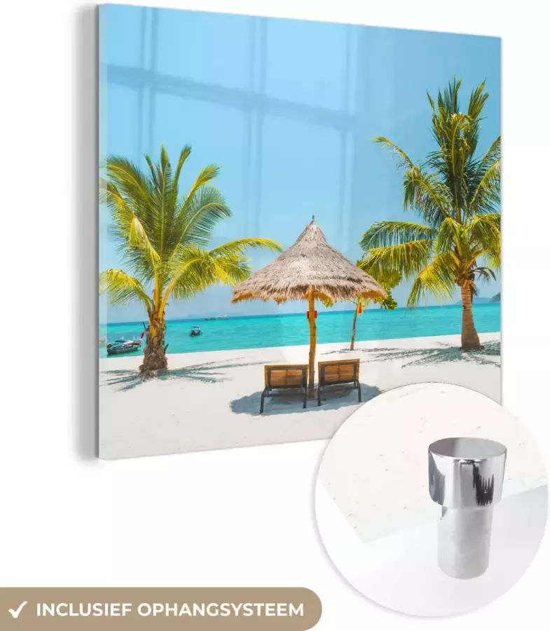 MuchoWow Glasschilderij Strand Parasol Palmboom 20x20 cm Acrylglas Schilderijen Foto op Glas