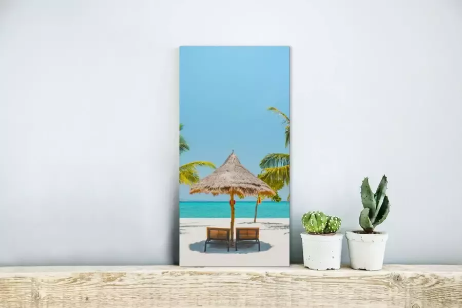 MuchoWow Glasschilderij Strand Parasol Palmboom 20x40 cm Acrylglas Schilderijen Foto op Glas