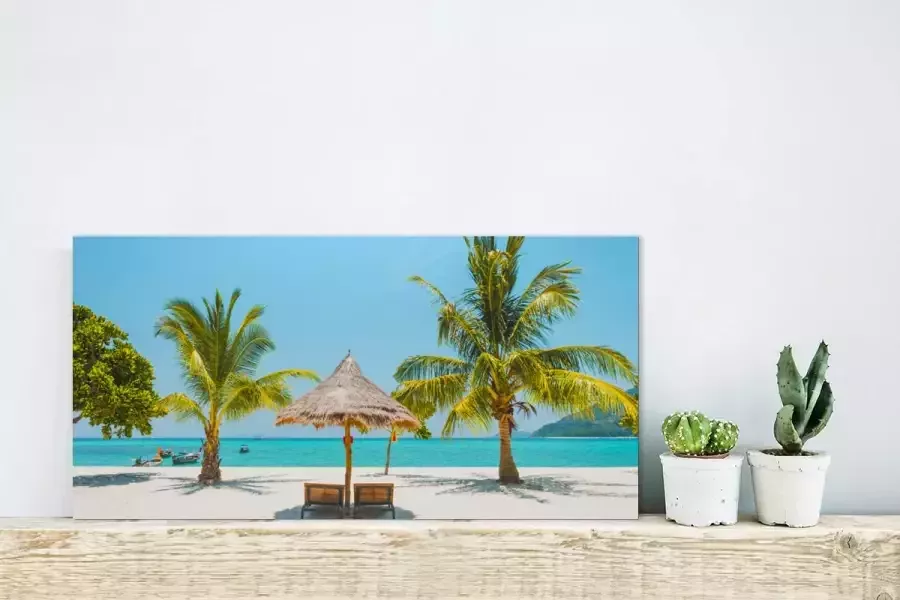 MuchoWow Glasschilderij Strand Parasol Palmboom 40x20 cm Acrylglas Schilderijen Foto op Glas