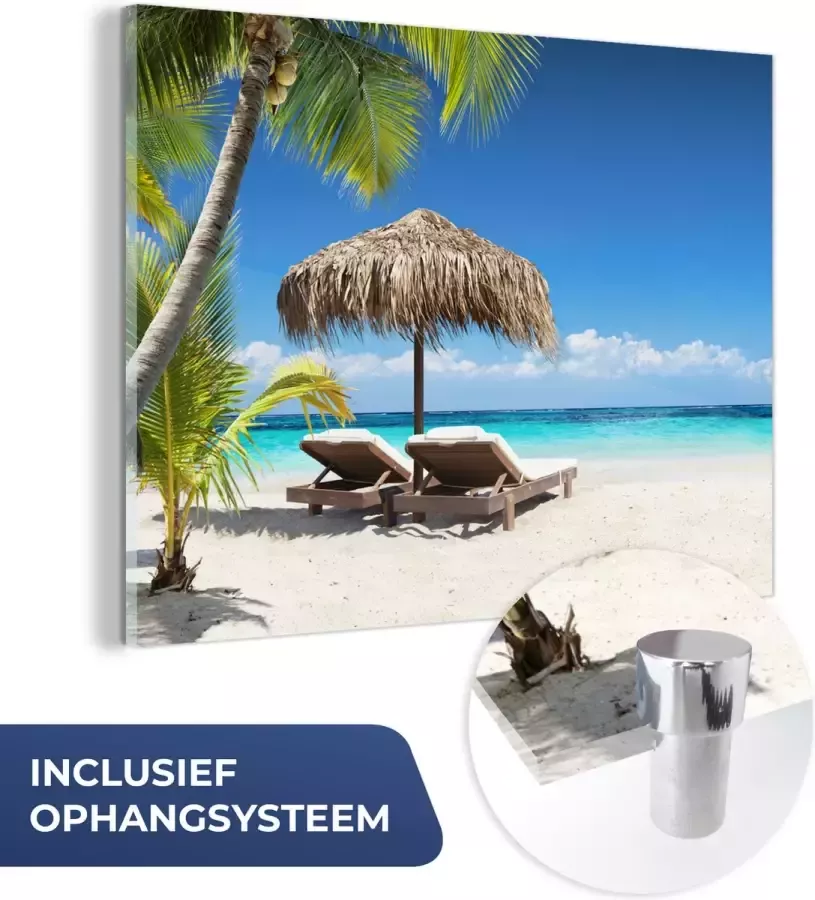 MuchoWow Glasschilderij 120x90 cm Schilderij acrylglas Strand Parasol Zee Foto op glas Muurdecoratie woonkamer Wanddecoratie slaapkamer Schilderijen - Foto 2