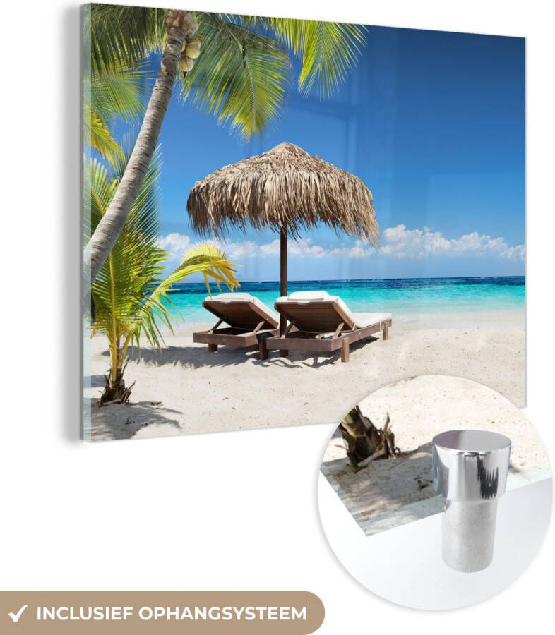 MuchoWow Glasschilderij 40x30 cm Schilderij acrylglas Strand Parasol Zee Foto op glas Muurdecoratie woonkamer Wanddecoratie slaapkamer Schilderijen