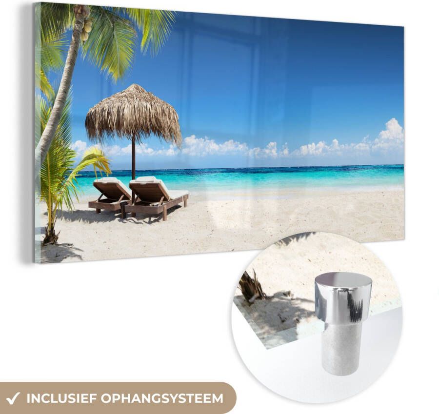 MuchoWow Glasschilderij 80x40 cm Schilderij acrylglas Strand Parasol Zee Foto op glas Muurdecoratie woonkamer Wanddecoratie slaapkamer Schilderijen