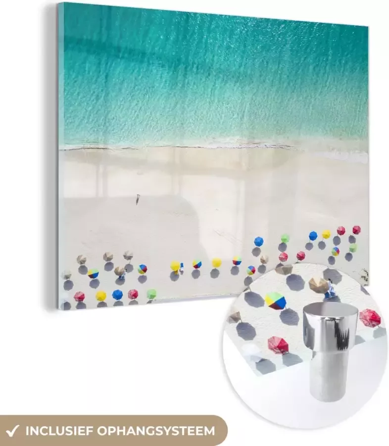 MuchoWow Glasschilderij 80x60 cm Schilderij glas Strand Parasols Kleuren Foto op acrylglas Schilderijen
