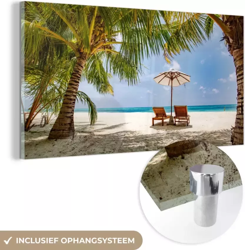 MuchoWow Glasschilderij Strand Strandstoel Parasol 120x60 cm Acrylglas Schilderijen Foto op Glas