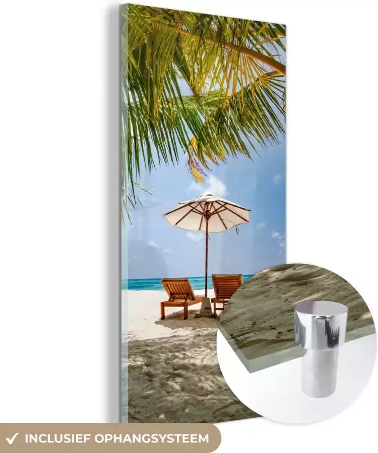 MuchoWow Glasschilderij 60x120 cm Schilderij acrylglas Strand Strandstoel Parasol Foto op glas Schilderijen - Foto 2