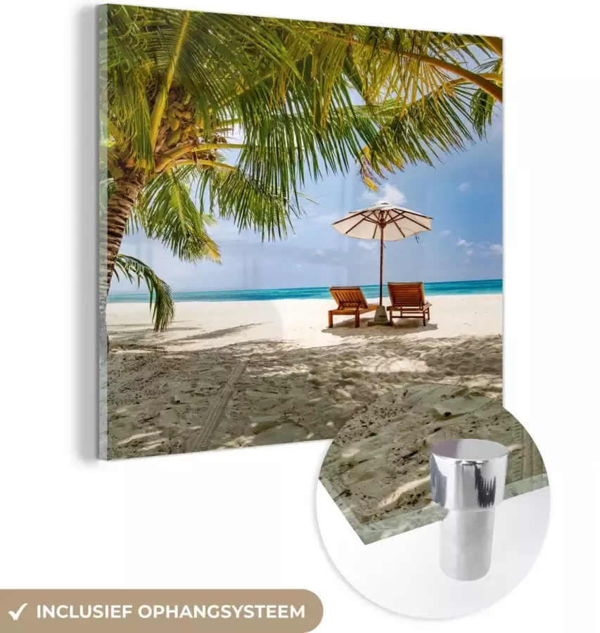 MuchoWow Glasschilderij 90x90 cm Schilderij acrylglas Strand Strandstoel Parasol Foto op glas Schilderijen