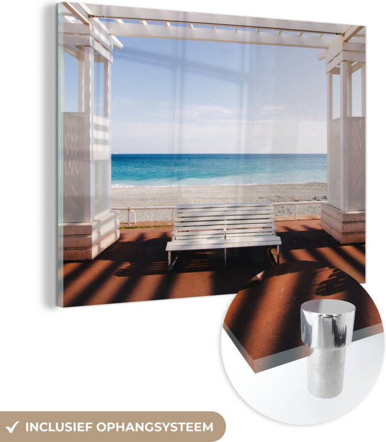 MuchoWow Glasschilderij Strand Zee Bank Wit Schilderij glas 160x120 cm Foto op glas Glazen plaat Wanddecoratie