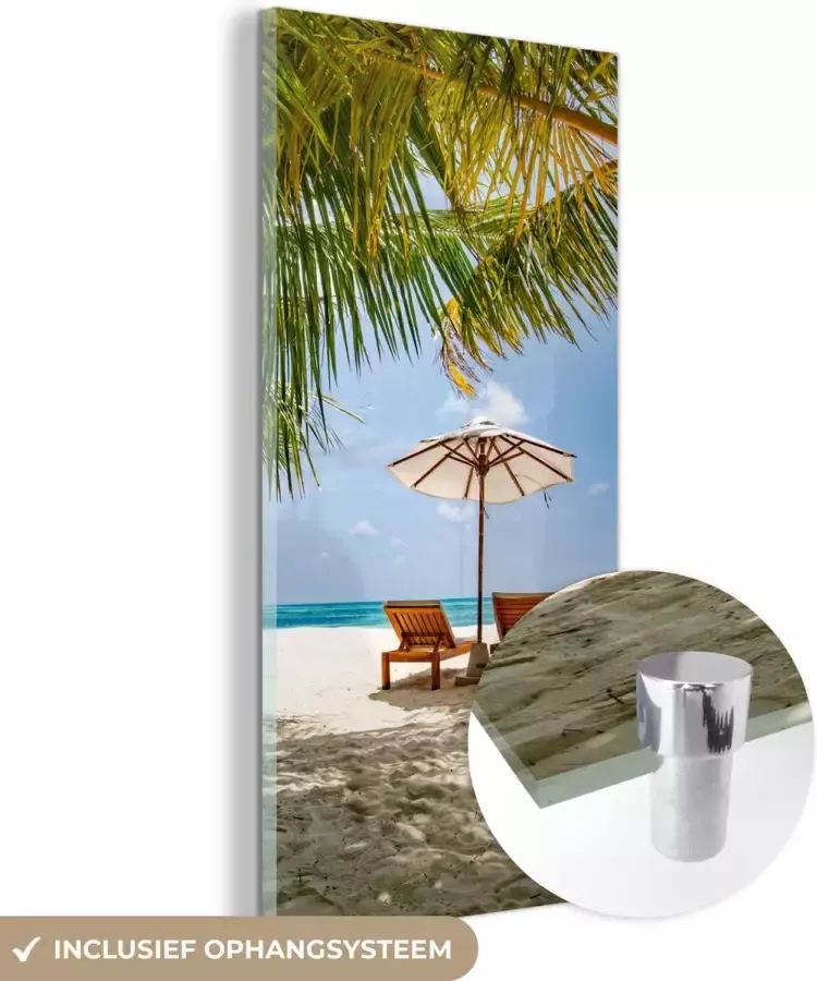 MuchoWow Glasschilderij 20x40 cm Schilderij acrylglas Strandstoel Parasol Palmboom Foto op glas Schilderijen - Foto 2