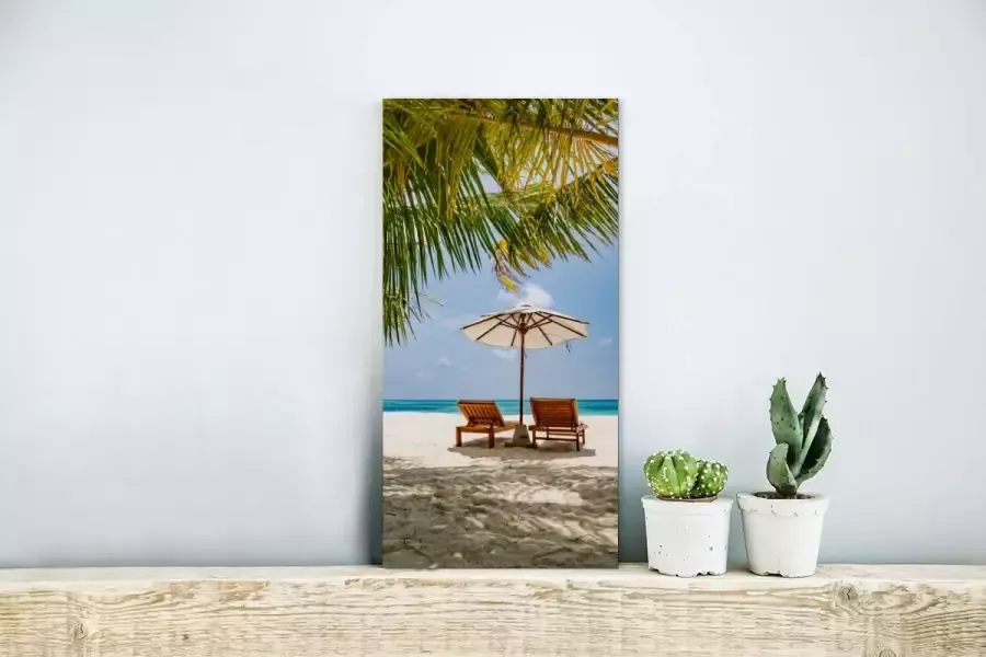 MuchoWow Glasschilderij Strandstoel Parasol Palmboom 20x40 cm Acrylglas Schilderijen Foto op Glas