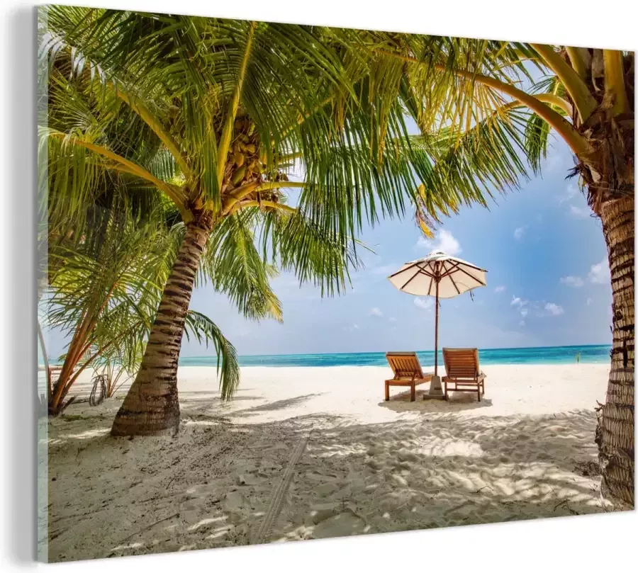 MuchoWow Glasschilderij 90x60 cm Schilderij acrylglas Strandstoel Parasol Palmboom Foto op glas Schilderijen - Foto 2