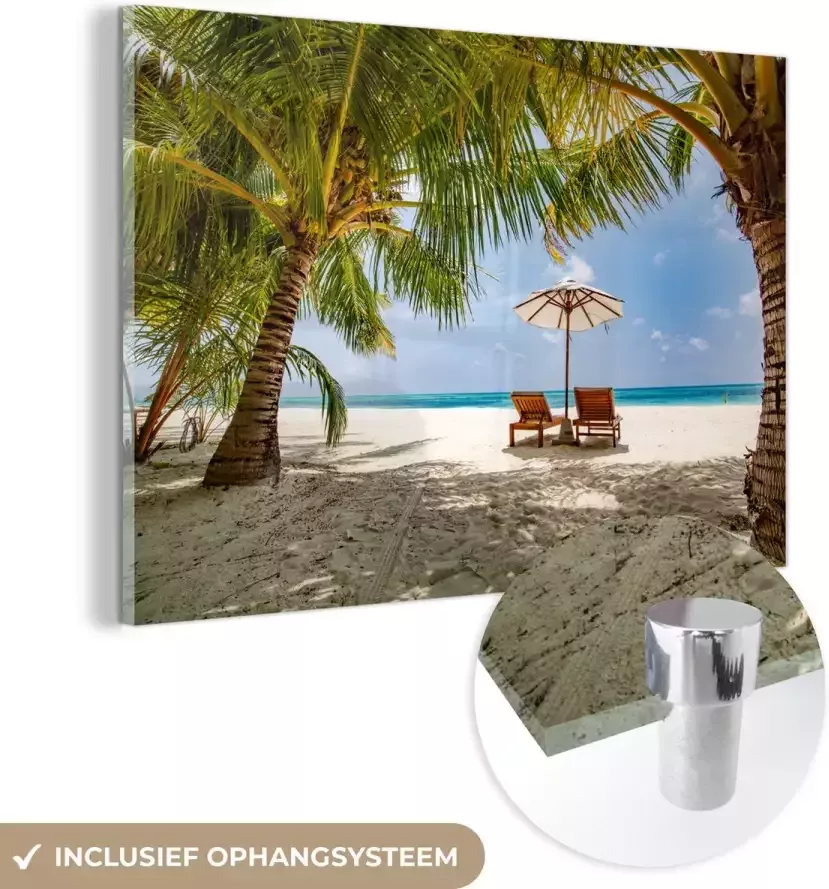 MuchoWow Glasschilderij 90x60 cm Schilderij acrylglas Strandstoel Parasol Palmboom Foto op glas Schilderijen