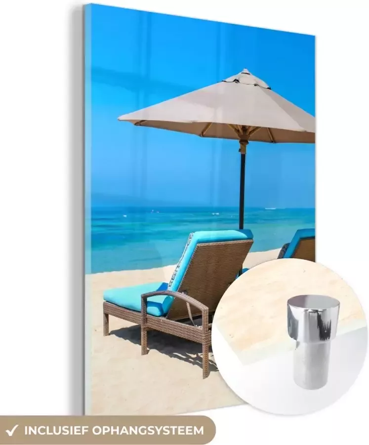 MuchoWow Glasschilderij 120x160 cm Schilderij acrylglas Strandstoel Parasol Zomer Zee Foto op glas Schilderijen - Foto 2