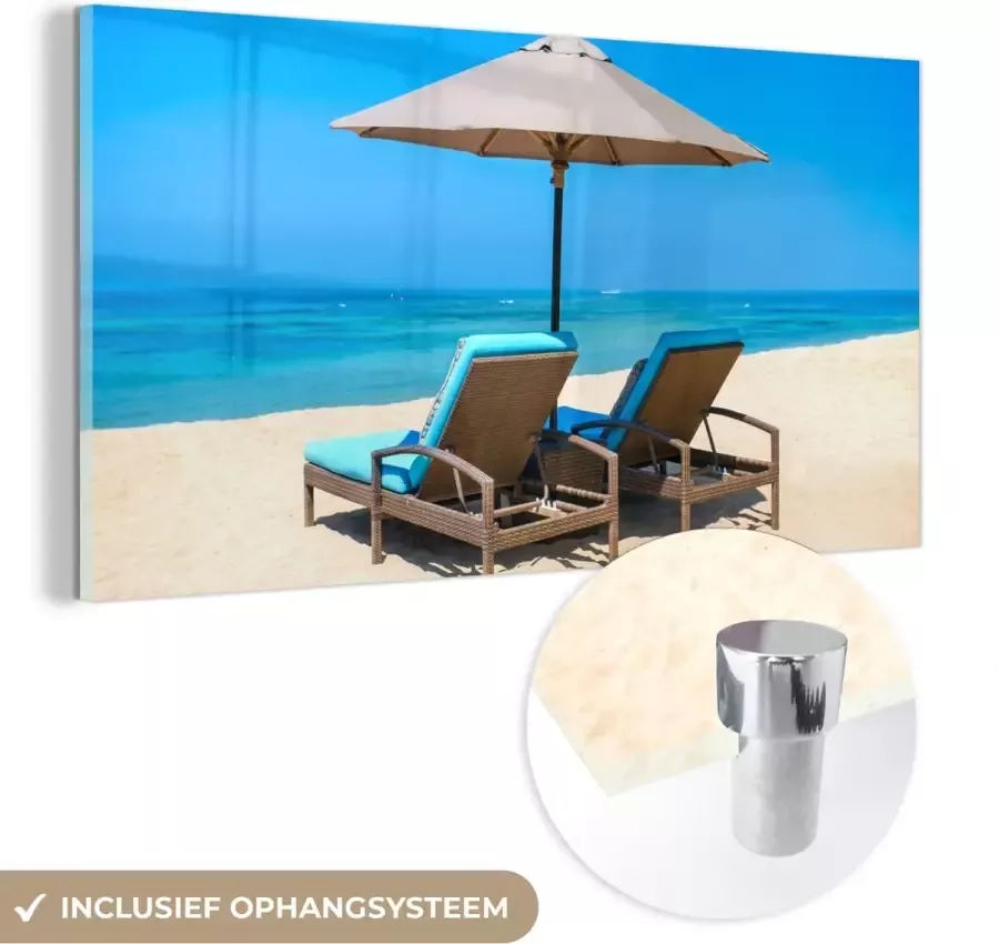 MuchoWow Glasschilderij 120x60 cm Schilderij acrylglas Strandstoel Parasol Zomer Zee Foto op glas Schilderijen