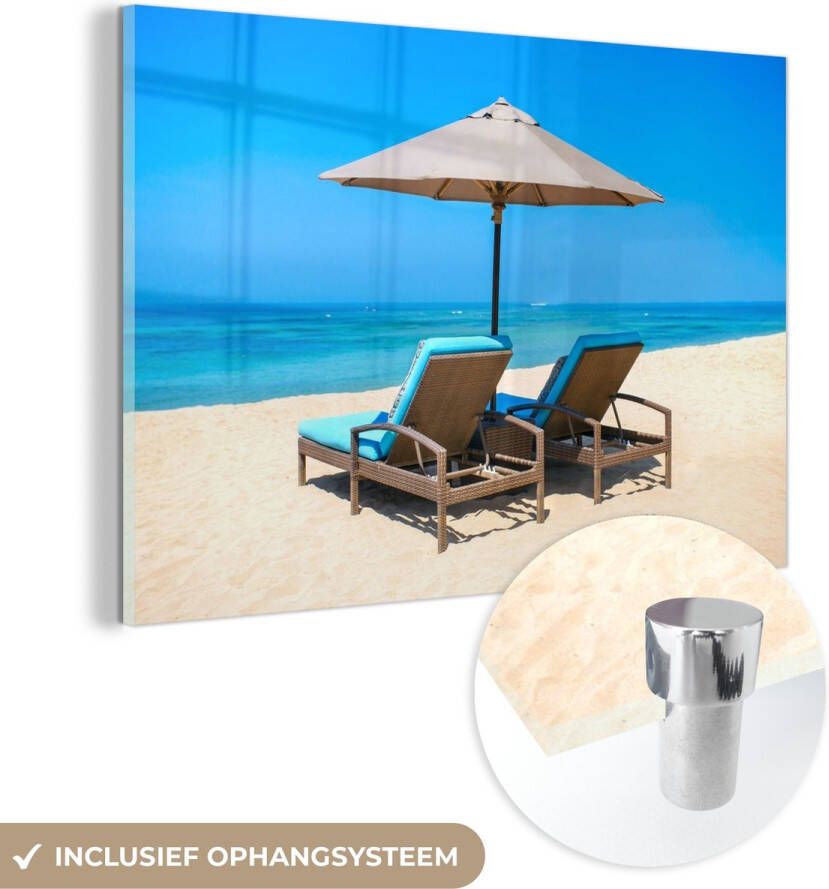 MuchoWow Glasschilderij 180x120 cm Schilderij acrylglas Strandstoel Parasol Zomer Zee Foto op glas Schilderijen