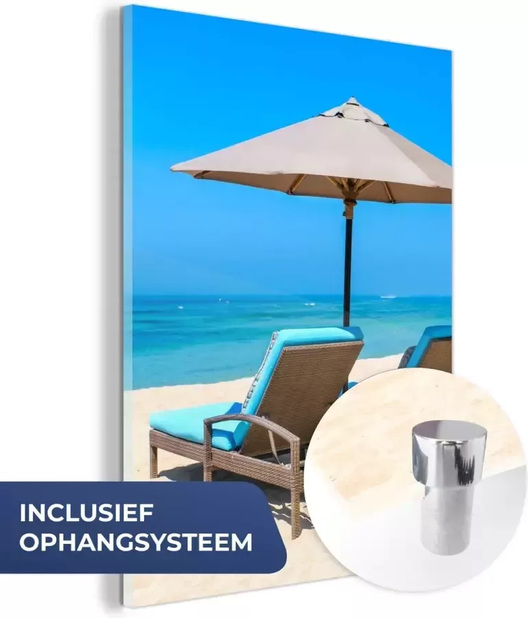 MuchoWow Glasschilderij 60x80 cm Schilderij acrylglas Strandstoel Parasol Zomer Zee Foto op glas Schilderijen - Foto 2