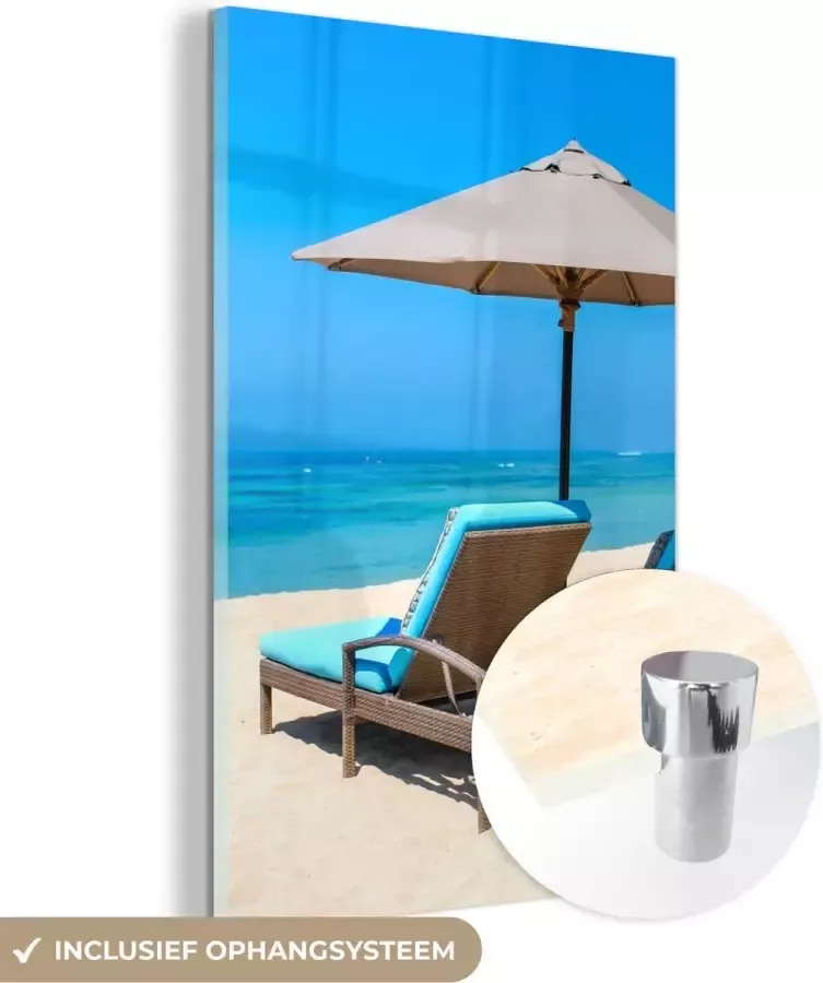 MuchoWow Glasschilderij 80x120 cm Schilderij acrylglas Strandstoel Parasol Zomer Zee Foto op glas Schilderijen - Foto 2