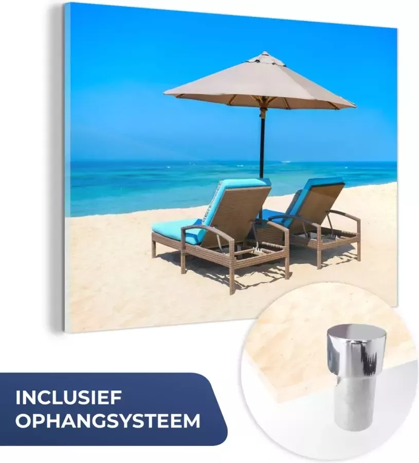 MuchoWow Glasschilderij 80x60 cm Schilderij glas Strandstoel Parasol Zomer Zee Foto op acrylglas Schilderijen - Foto 3