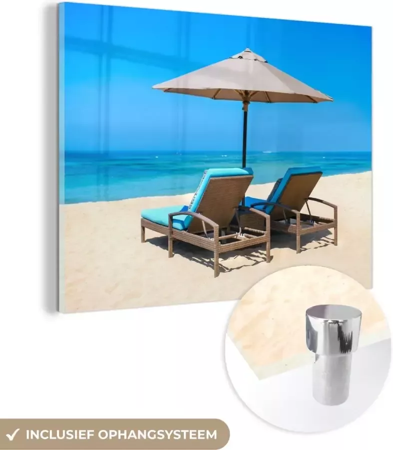 MuchoWow Glasschilderij 80x60 cm Schilderij glas Strandstoel Parasol Zomer Zee Foto op acrylglas Schilderijen - Foto 2