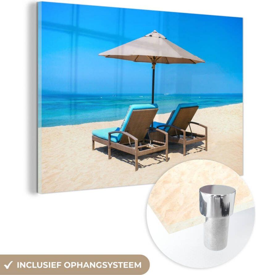 MuchoWow Glasschilderij 90x60 cm Schilderij acrylglas Strandstoel Parasol Zomer Zee Foto op glas Schilderijen