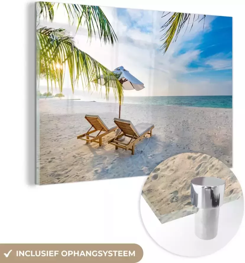 Glasschilderij 30x20 cm Schilderij acrylglas Strandstoel Parasol Zonsondergang Foto op glas Muurdecoratie woonkamer Wanddecoratie slaapkamer Schilderijen