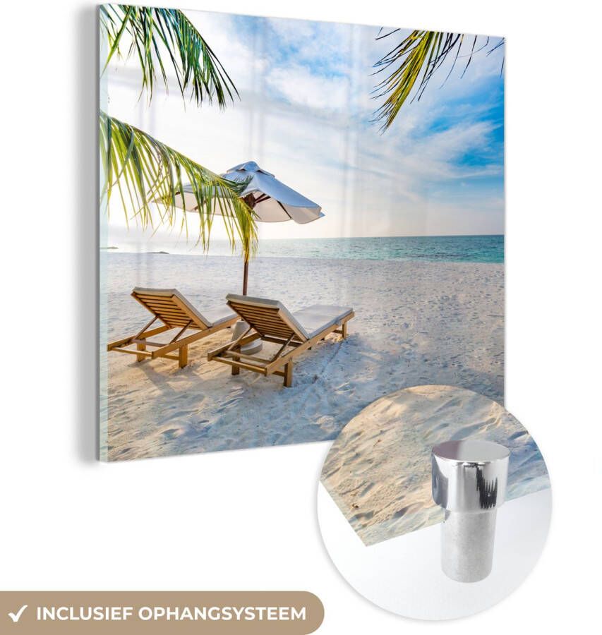 MuchoWow Glasschilderij 50x50 cm Schilderij acrylglas Strandstoel Parasol Zonsondergang Foto op glas Schilderijen