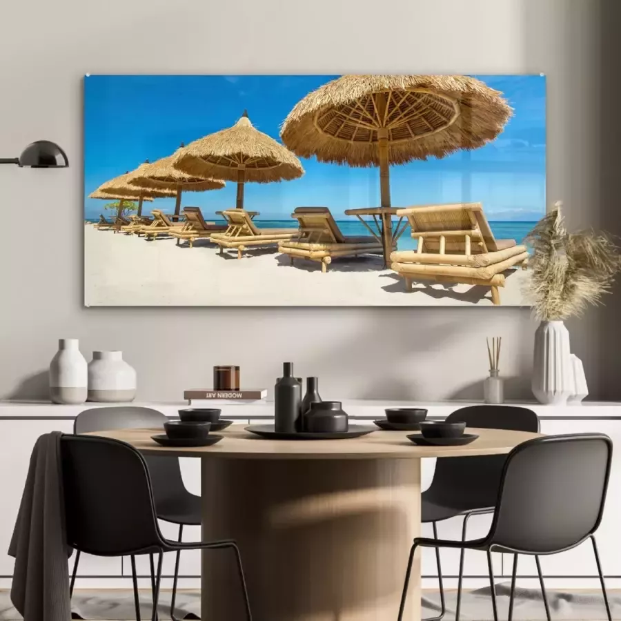 MuchoWow Glasschilderij Strandstoel Strand Parasol Zee Zomer 120x60 cm Acrylglas Schilderijen Foto op Glas