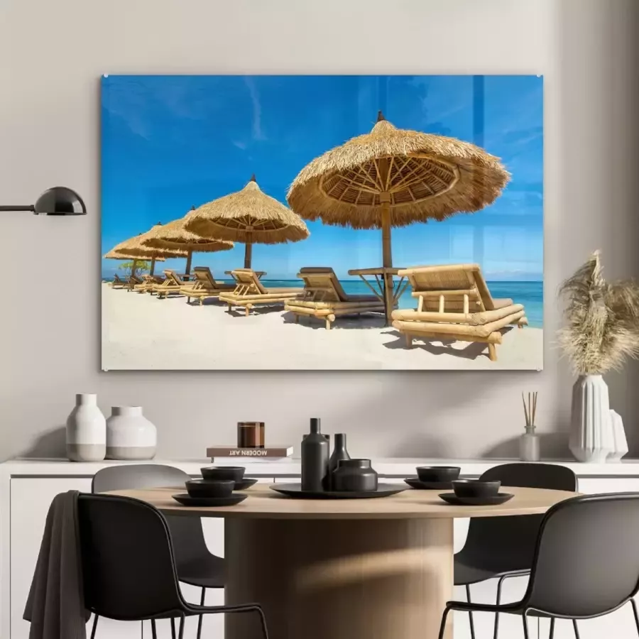 MuchoWow Glasschilderij Strandstoel Strand Parasol Zee Zomer 120x80 cm Acrylglas Schilderijen Foto op Glas